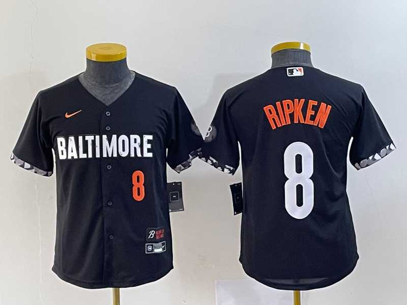 Youth Baltimore Orioles #8 Cal Ripken Jr Number Black 2023 City Connect Cool Base Jersey